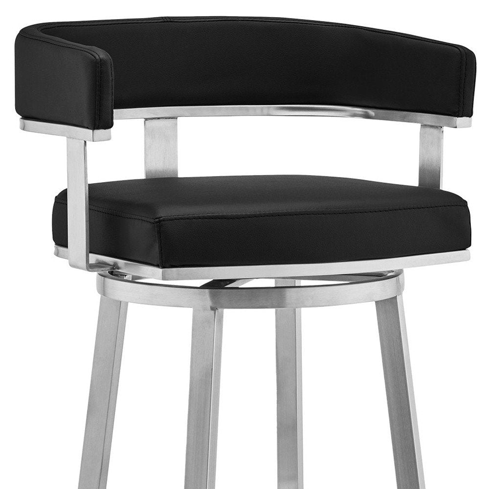 30" Black And Silver Faux Leather And Fabric And Iron Low Back Bar Height Swivel Bar Chair
