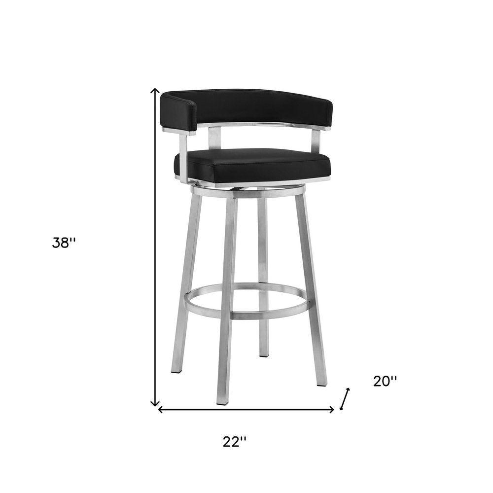 30" Black And Silver Faux Leather And Fabric And Iron Low Back Bar Height Swivel Bar Chair