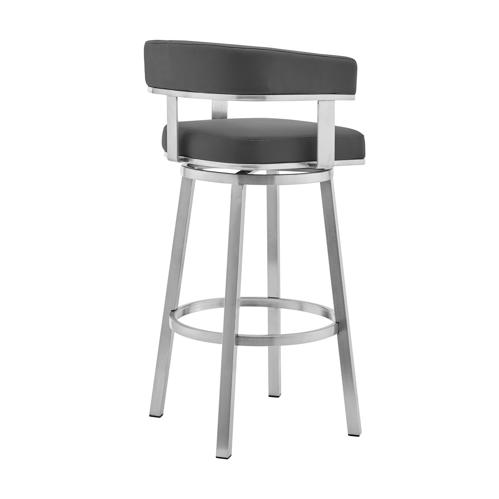 26" Gray And Silver Faux Leather And Fabric And Iron Low Back Counter Height Swivel Bar Chair