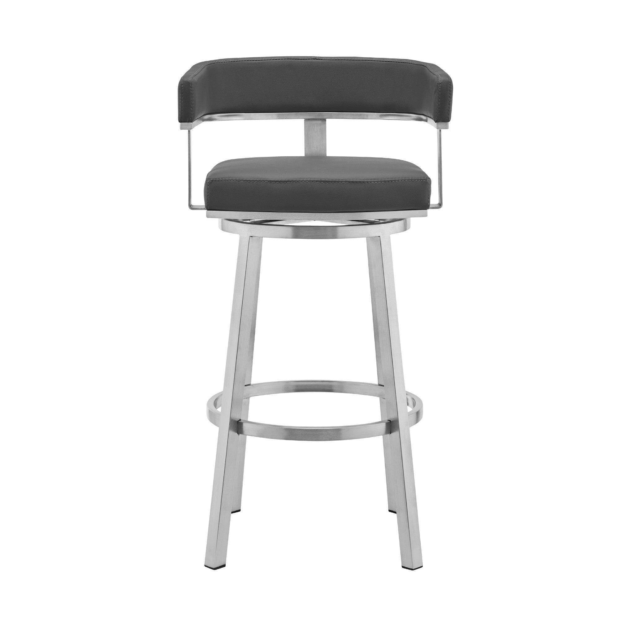 26" Gray And Silver Faux Leather And Fabric And Iron Low Back Counter Height Swivel Bar Chair