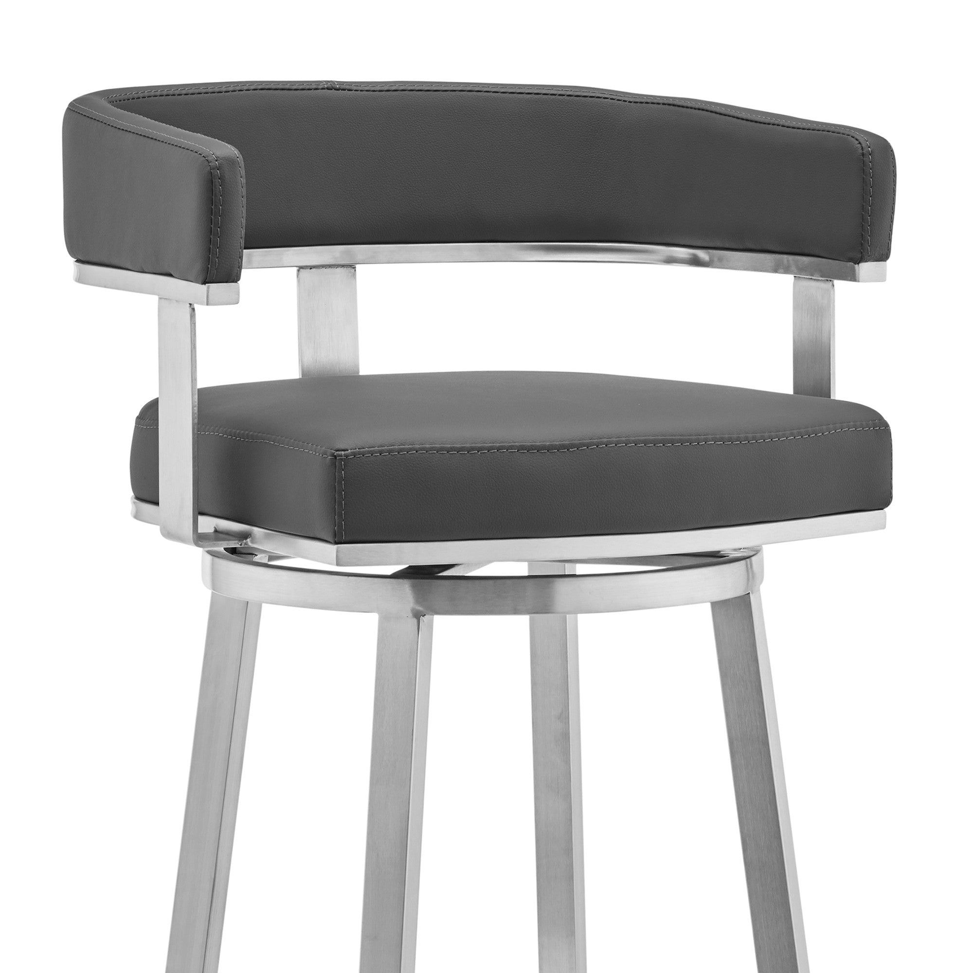 26" Gray And Silver Faux Leather And Fabric And Iron Low Back Counter Height Swivel Bar Chair