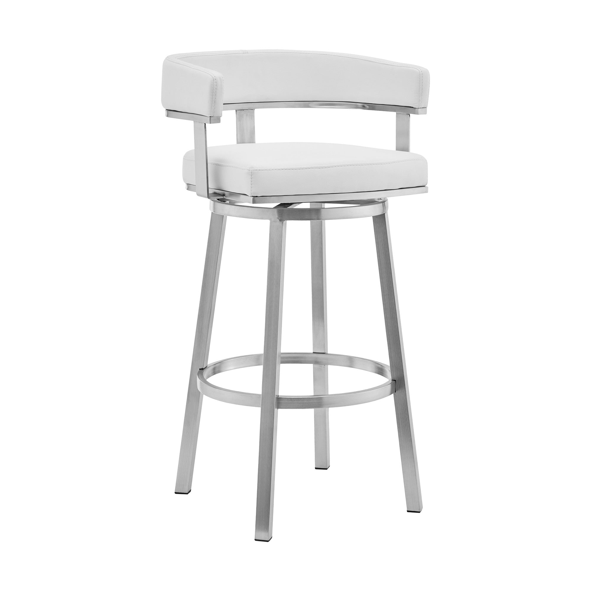 26" White And Silver Faux Leather And Fabric And Steel Low Back Counter Height Swivel Bar Chair