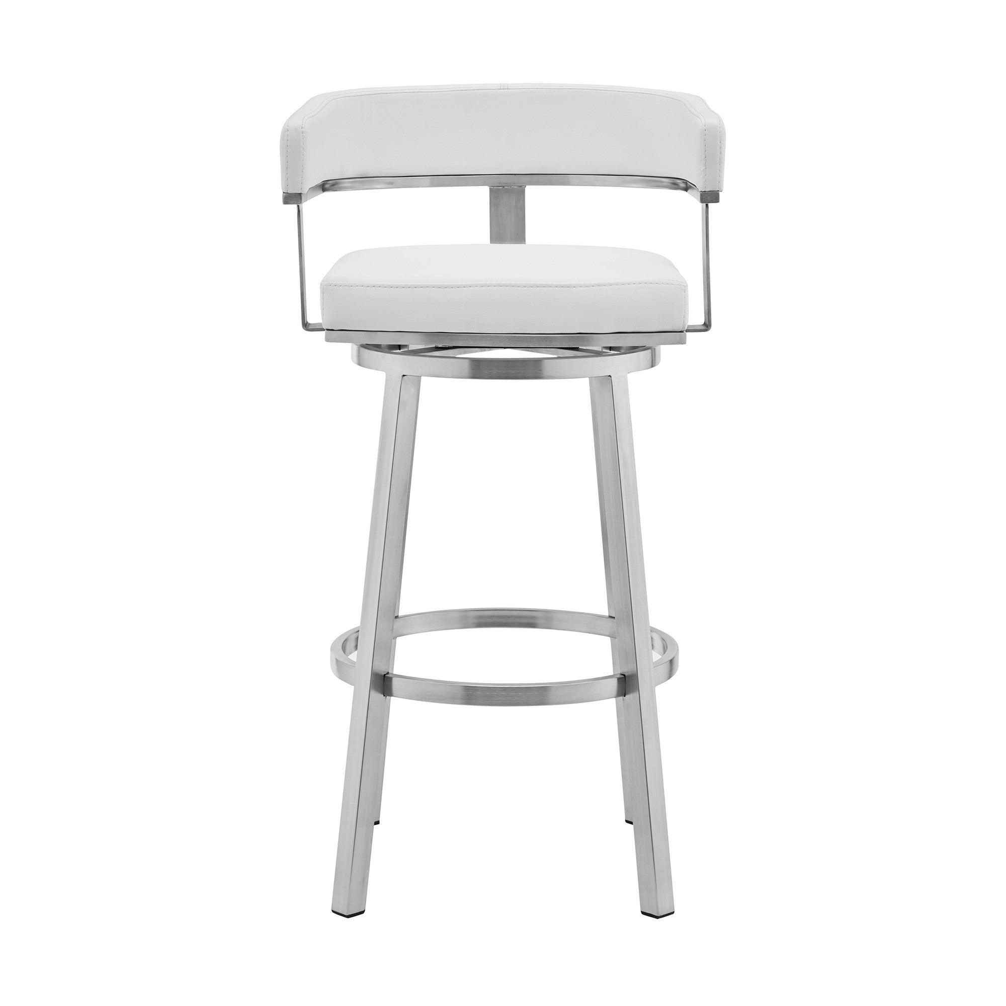 26" White And Silver Faux Leather And Fabric And Steel Low Back Counter Height Swivel Bar Chair
