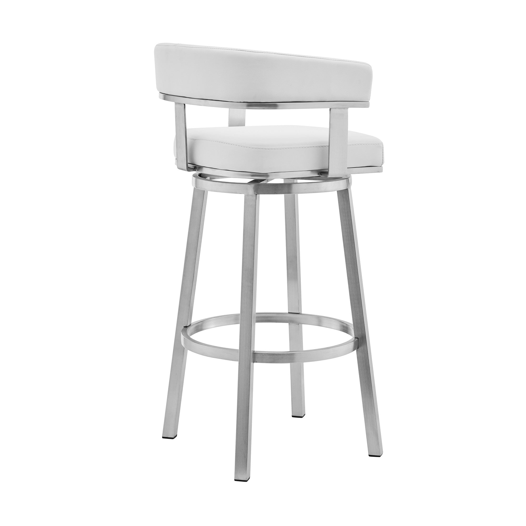 26" White And Silver Faux Leather And Fabric And Steel Low Back Counter Height Swivel Bar Chair