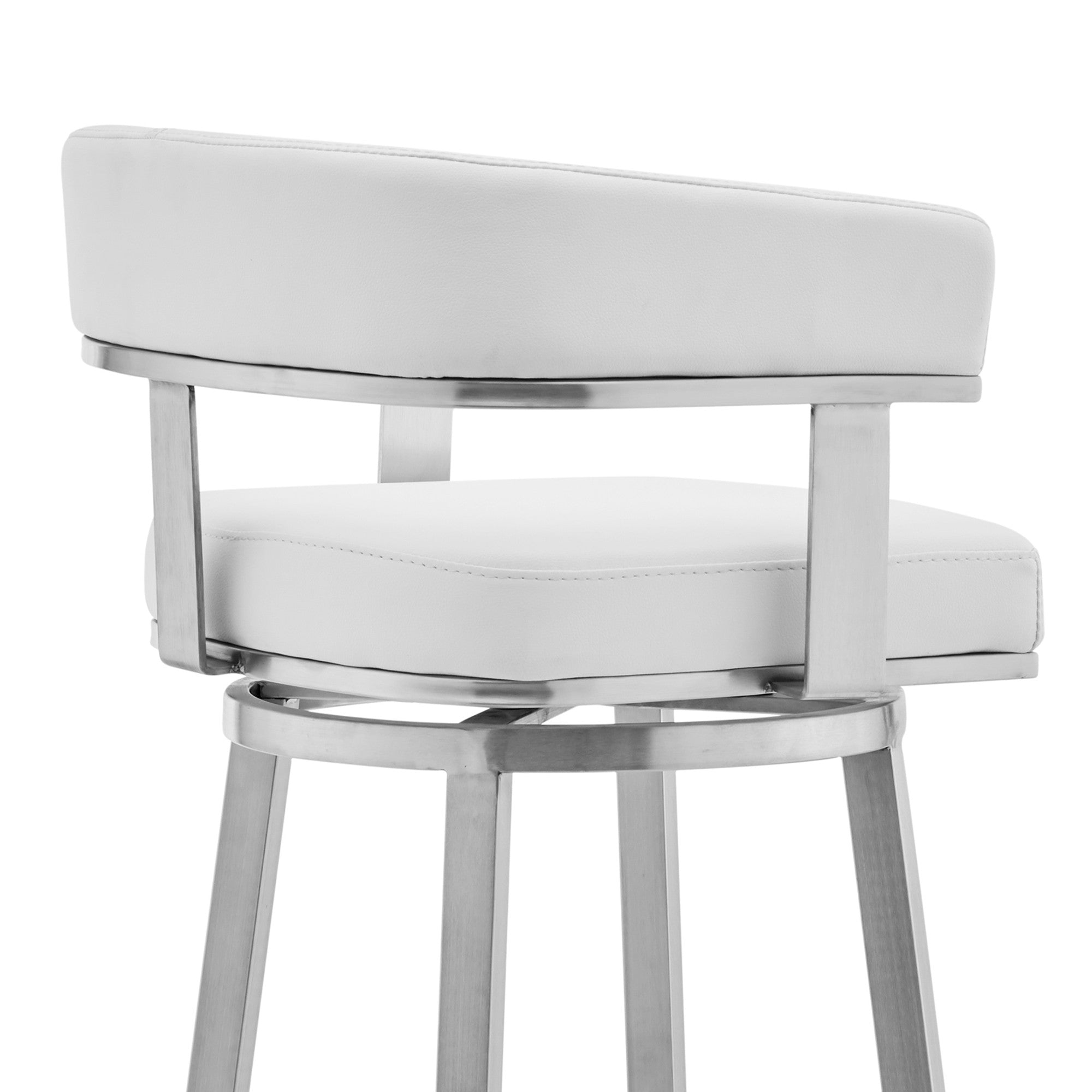 26" White And Silver Faux Leather And Fabric And Steel Low Back Counter Height Swivel Bar Chair