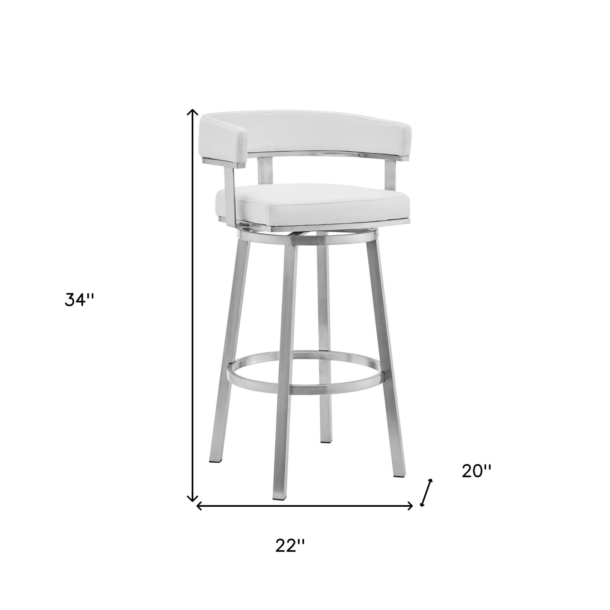 26" White And Silver Faux Leather And Fabric And Steel Low Back Counter Height Swivel Bar Chair