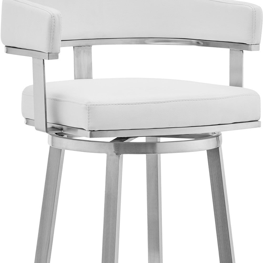 26" White And Silver Faux Leather And Fabric And Steel Low Back Counter Height Swivel Bar Chair