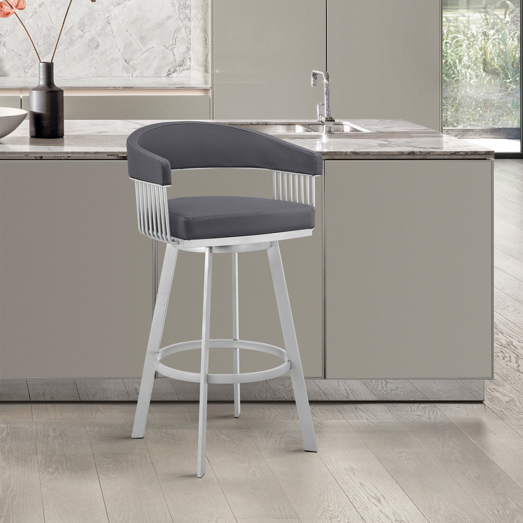25" Slate Gray And Silver Fabric And Iron Low Back Counter Height Swivel Bar Chair