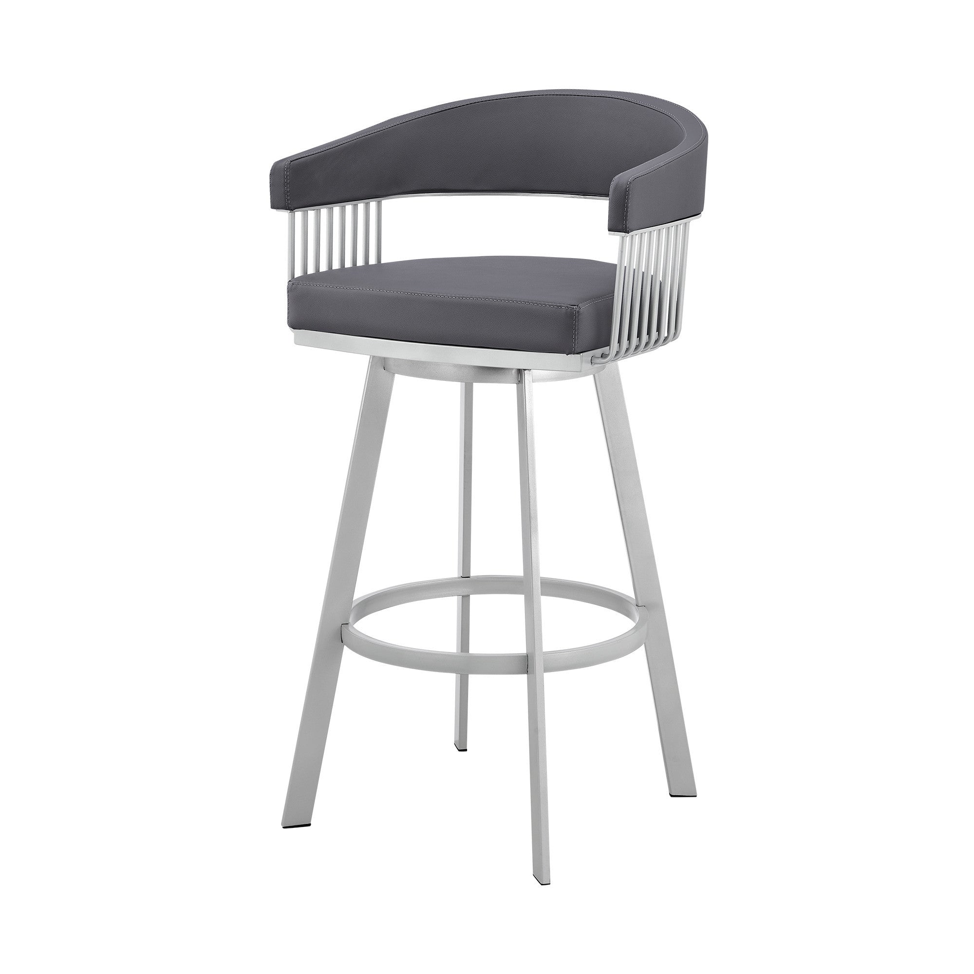 25" Slate Gray And Silver Fabric And Iron Low Back Counter Height Swivel Bar Chair
