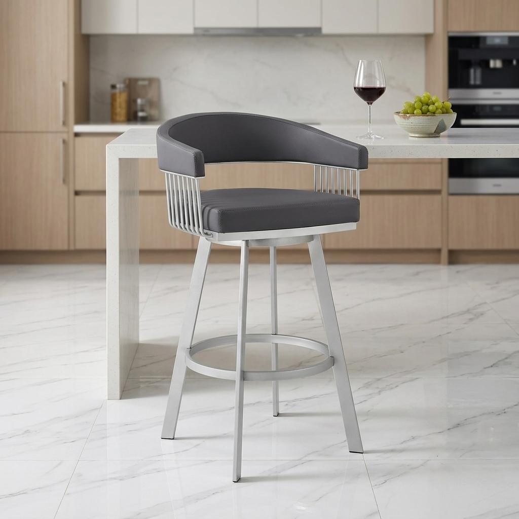 25" Slate Gray And Silver Fabric And Iron Low Back Counter Height Swivel Bar Chair