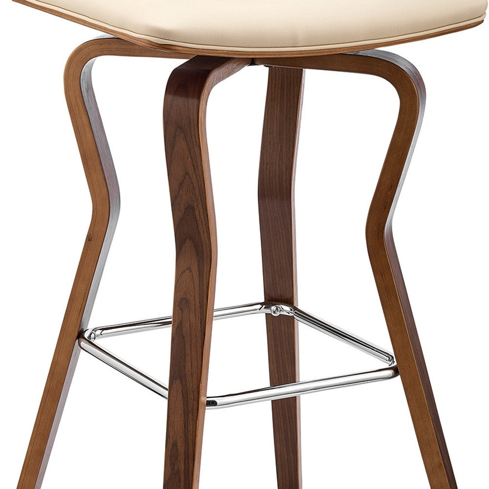 30" Cream and Brown Faux Leather Low Back Bar Height Swivel Bar Chair