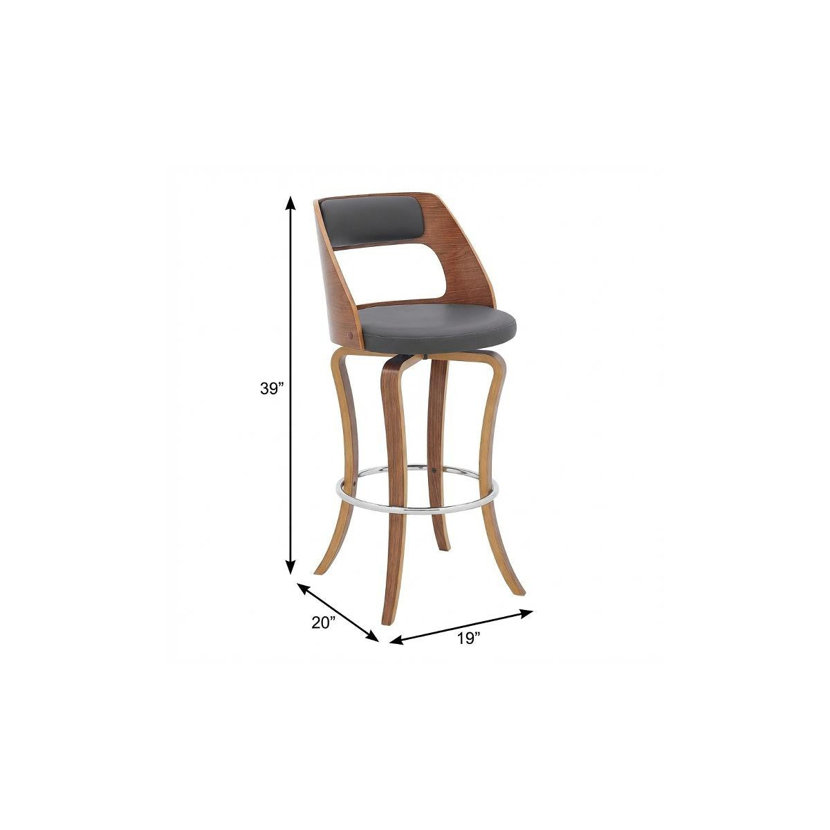 29" Gray And Brown Faux Leather And Fabric And Wood Bar Height Swivel Bar Chair