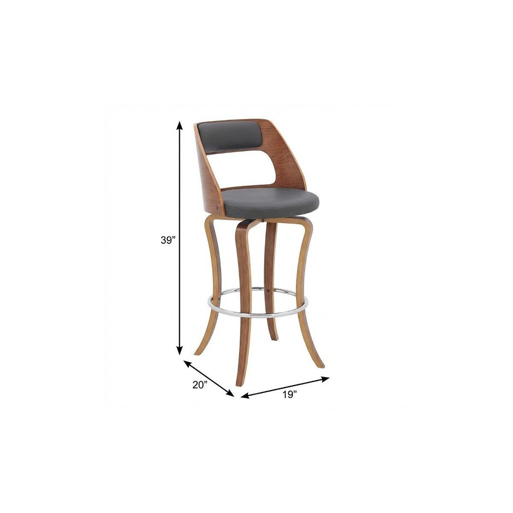 29" Gray And Brown Faux Leather Swivel Bar Height Bar Chair
