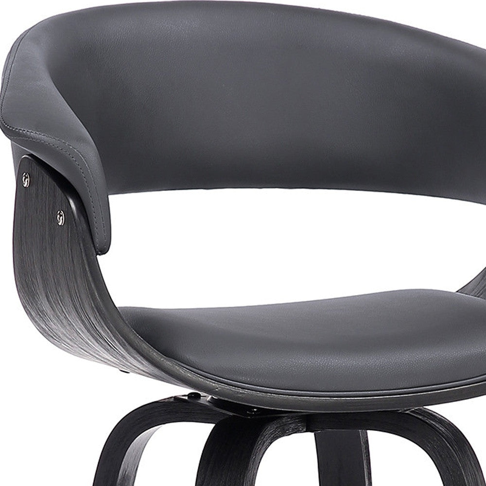 27" Gray And Black Faux Leather And Fabric And Solid Wood Low Back Counter Height Swivel Bar Chair