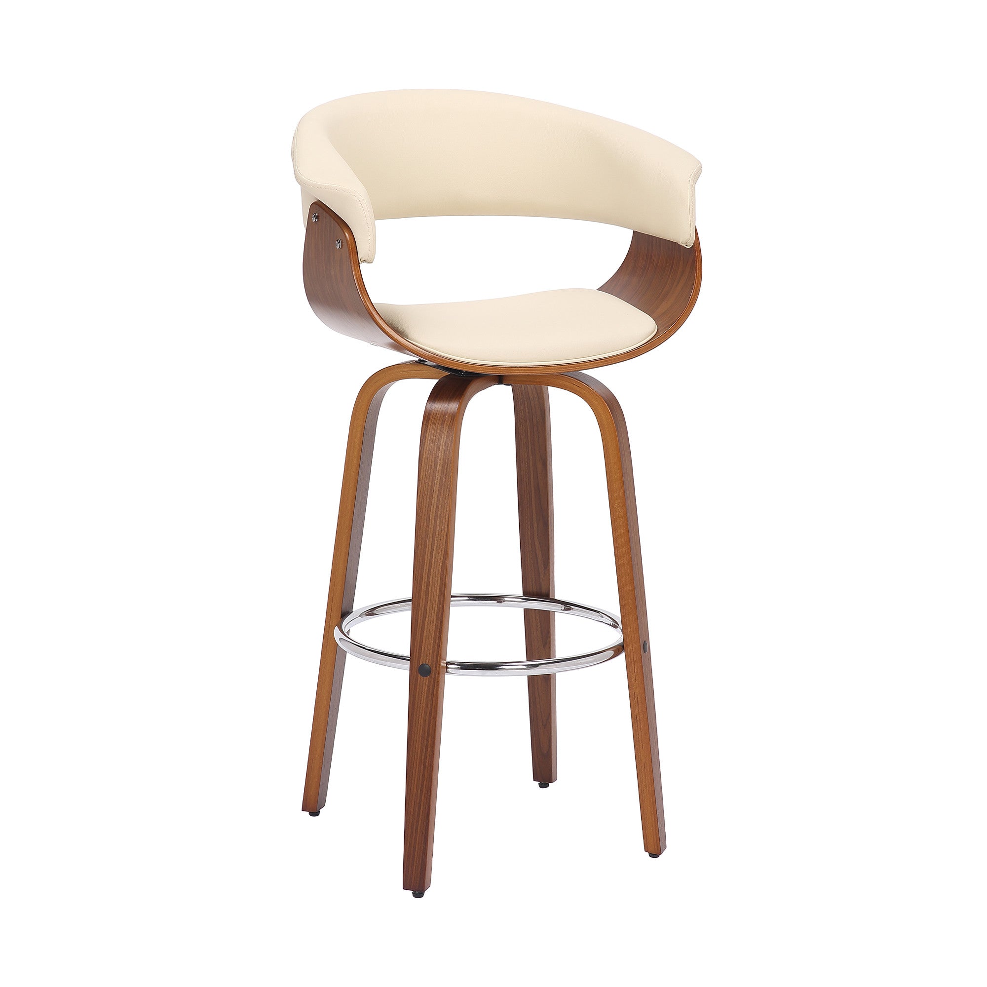 31" Cream And Brown Faux Leather And Fabric And Solid Wood Low Back Bar Height Swivel Bar Chair