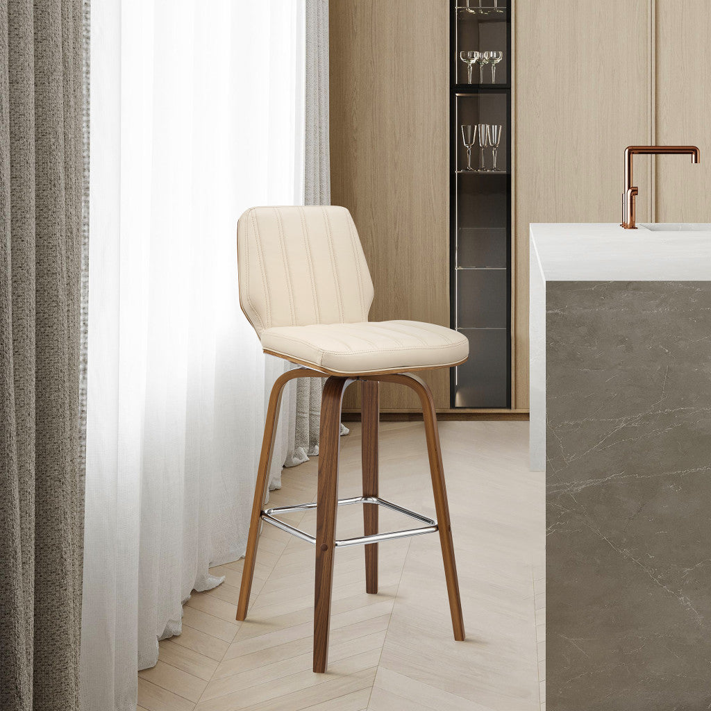 27" Cream and Brown Faux Leather and Solid and Manufactured Wood Counter Height Swivel Bar Chair