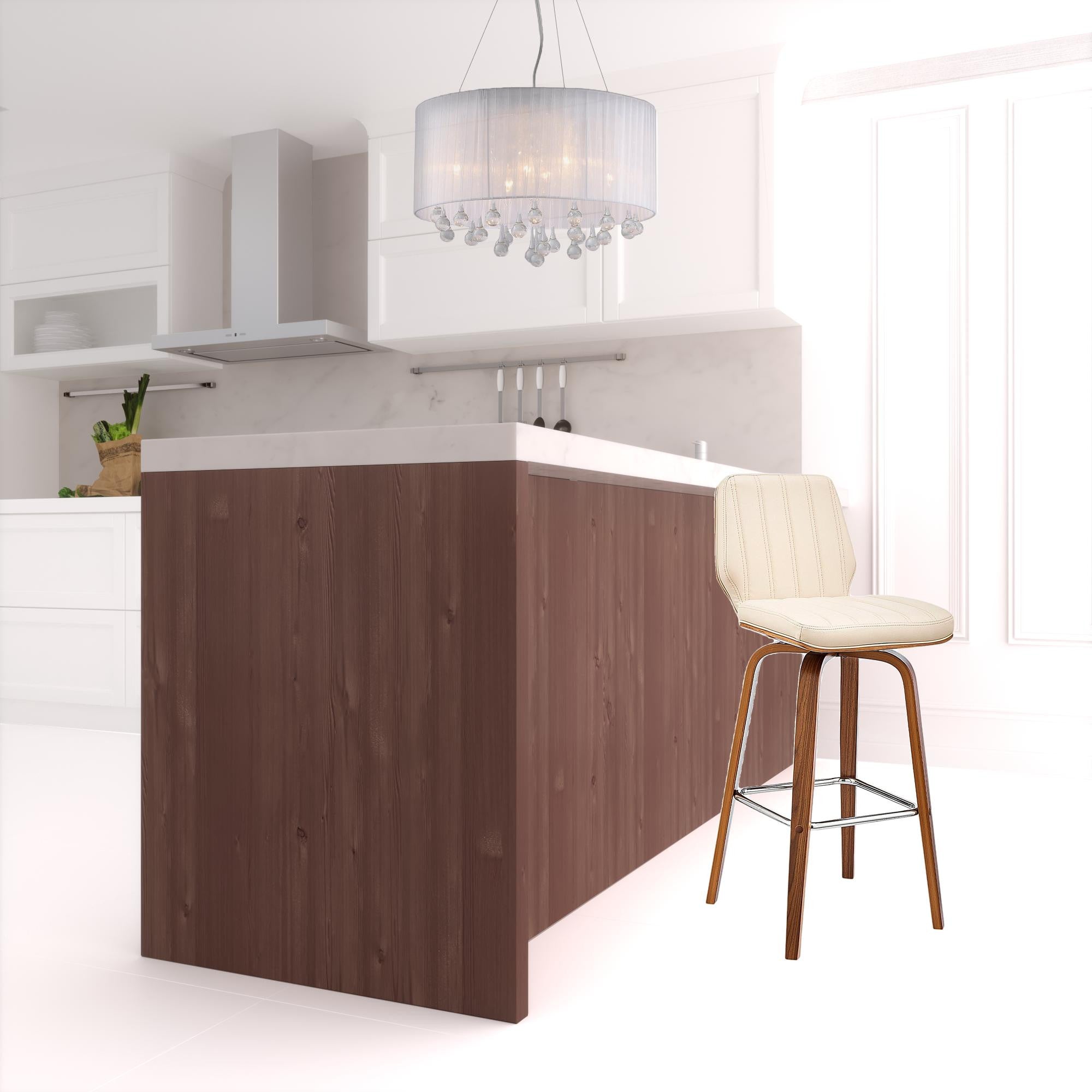 27" Cream and Brown Faux Leather and Solid and Manufactured Wood Counter Height Swivel Bar Chair