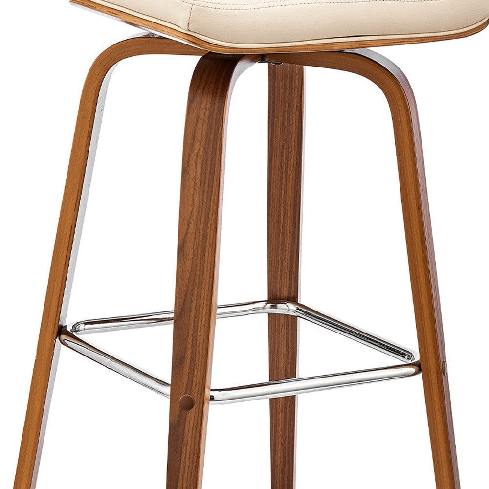 27" Cream and Brown Faux Leather and Solid and Manufactured Wood Counter Height Swivel Bar Chair