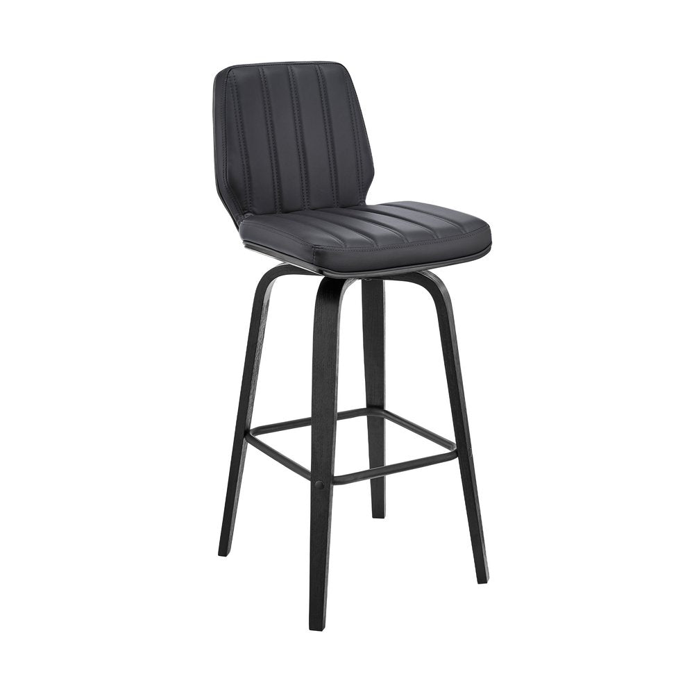 31" Gray And Black Faux Leather And Fabric And Iron Bar Height Swivel Bar Chair
