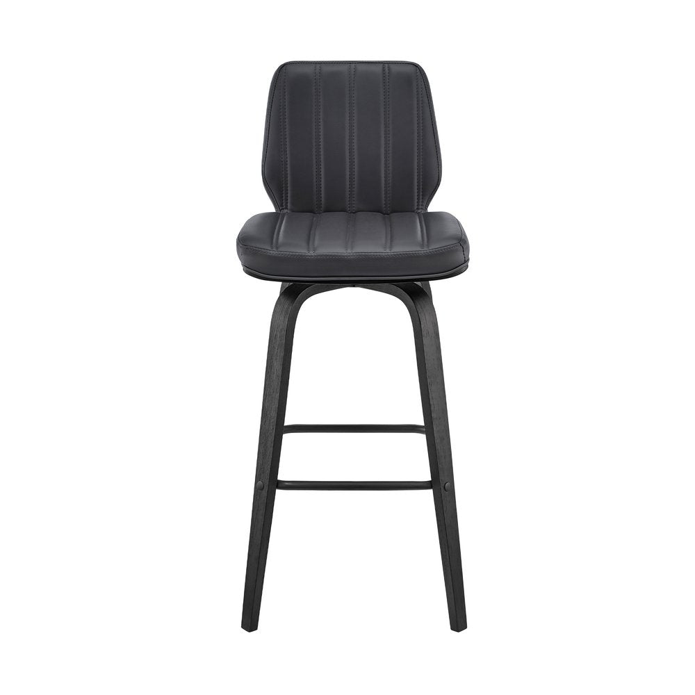 31" Gray And Black Faux Leather And Fabric And Iron Bar Height Swivel Bar Chair