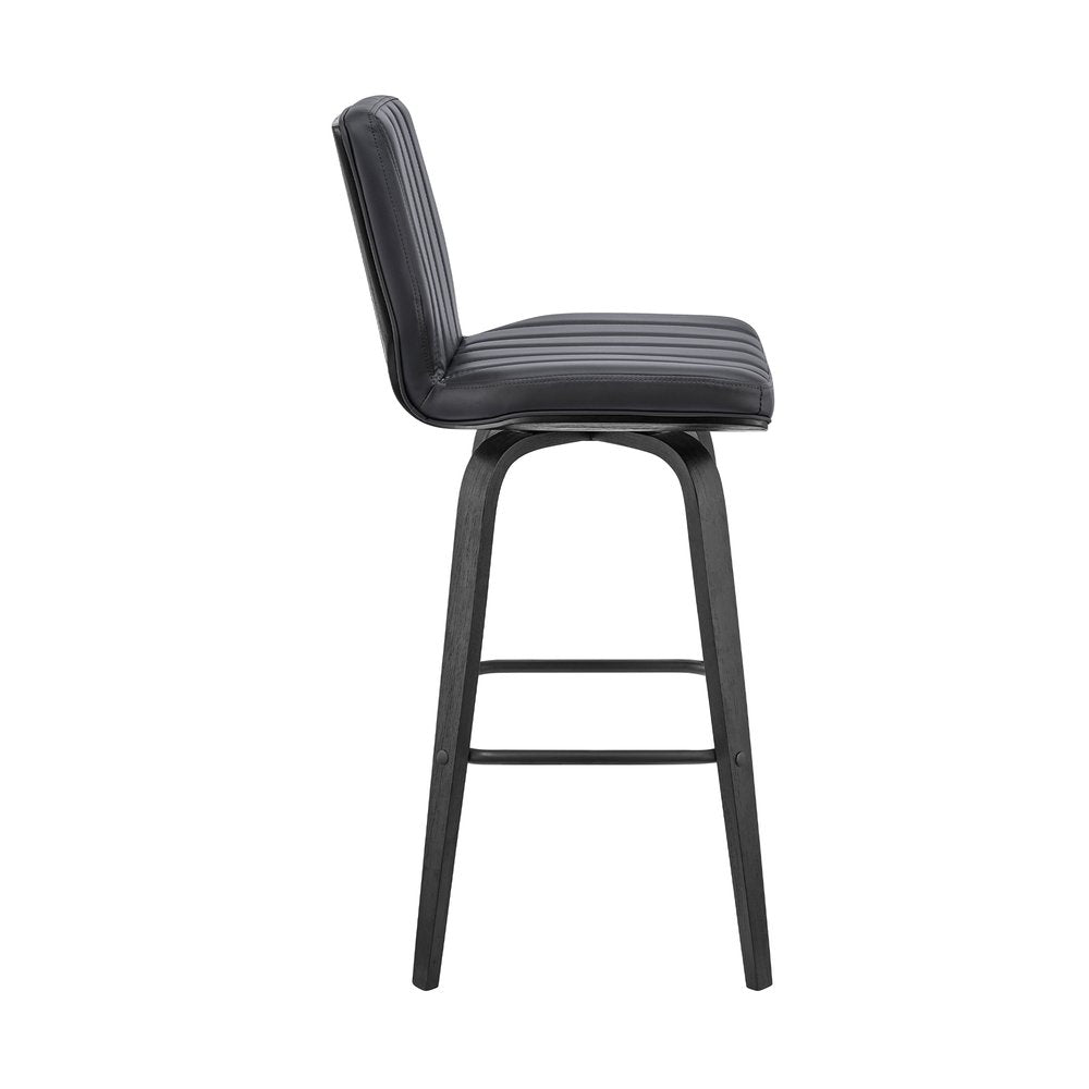 31" Gray And Black Faux Leather And Fabric And Iron Bar Height Swivel Bar Chair