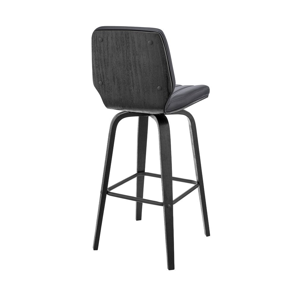 31" Gray And Black Faux Leather And Fabric And Iron Bar Height Swivel Bar Chair