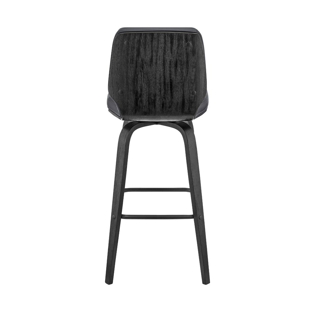 31" Gray And Black Faux Leather And Fabric And Iron Bar Height Swivel Bar Chair