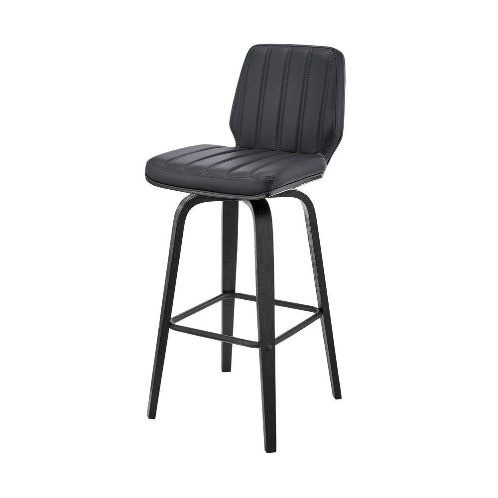 31" Gray And Black Faux Leather And Fabric And Iron Bar Height Swivel Bar Chair