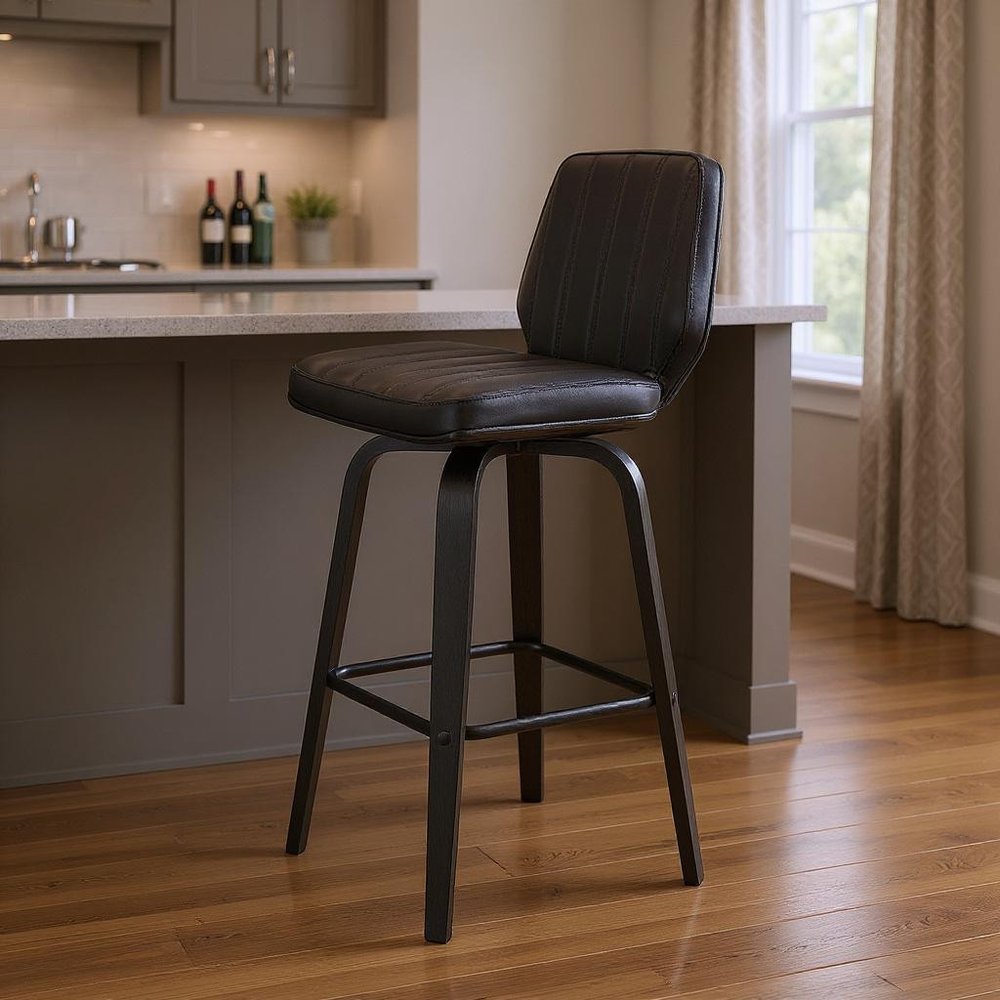 31" Gray And Black Faux Leather And Fabric And Iron Bar Height Swivel Bar Chair