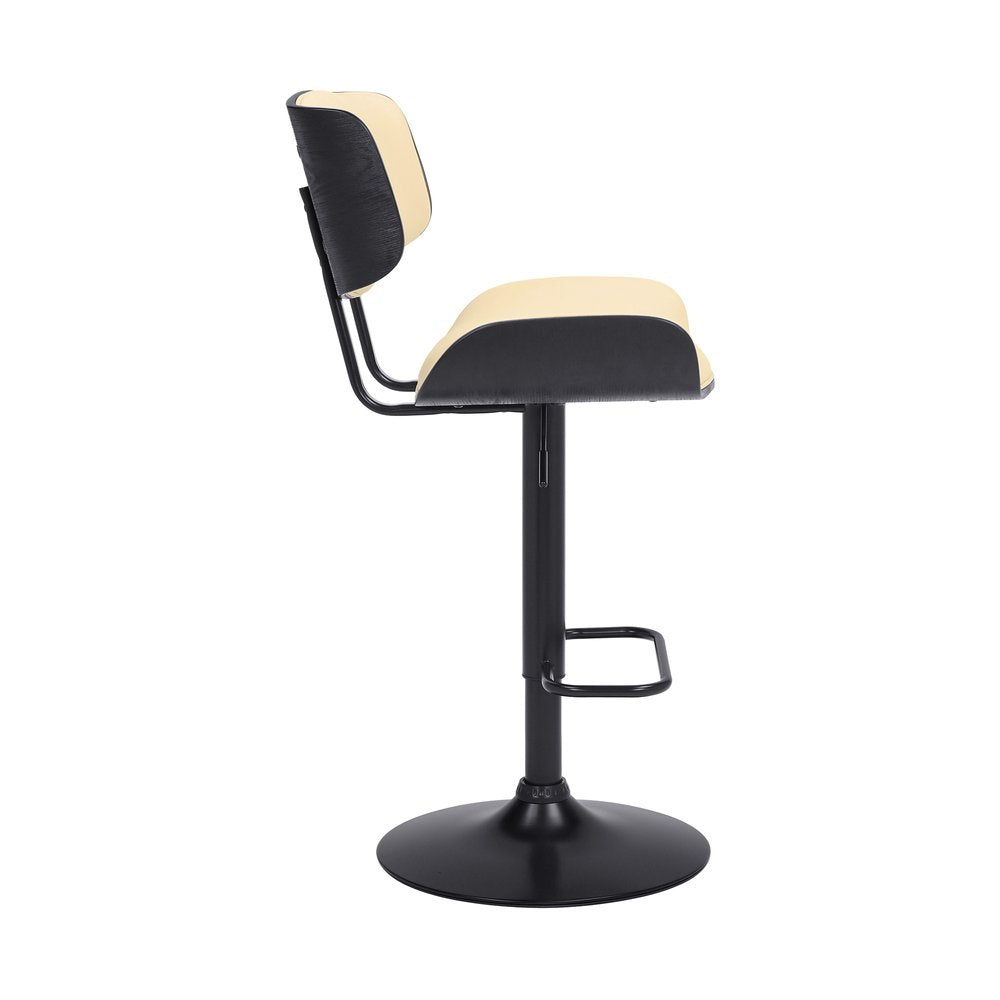 Cream And Black Fabric And Iron Adjustable Height Swivel Bar Chair