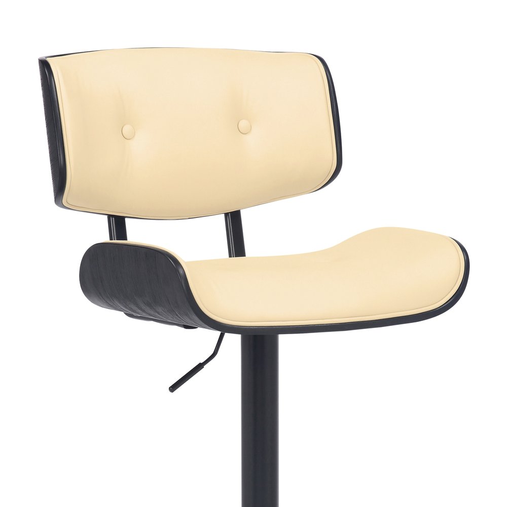 Cream And Black Fabric And Iron Adjustable Height Swivel Bar Chair