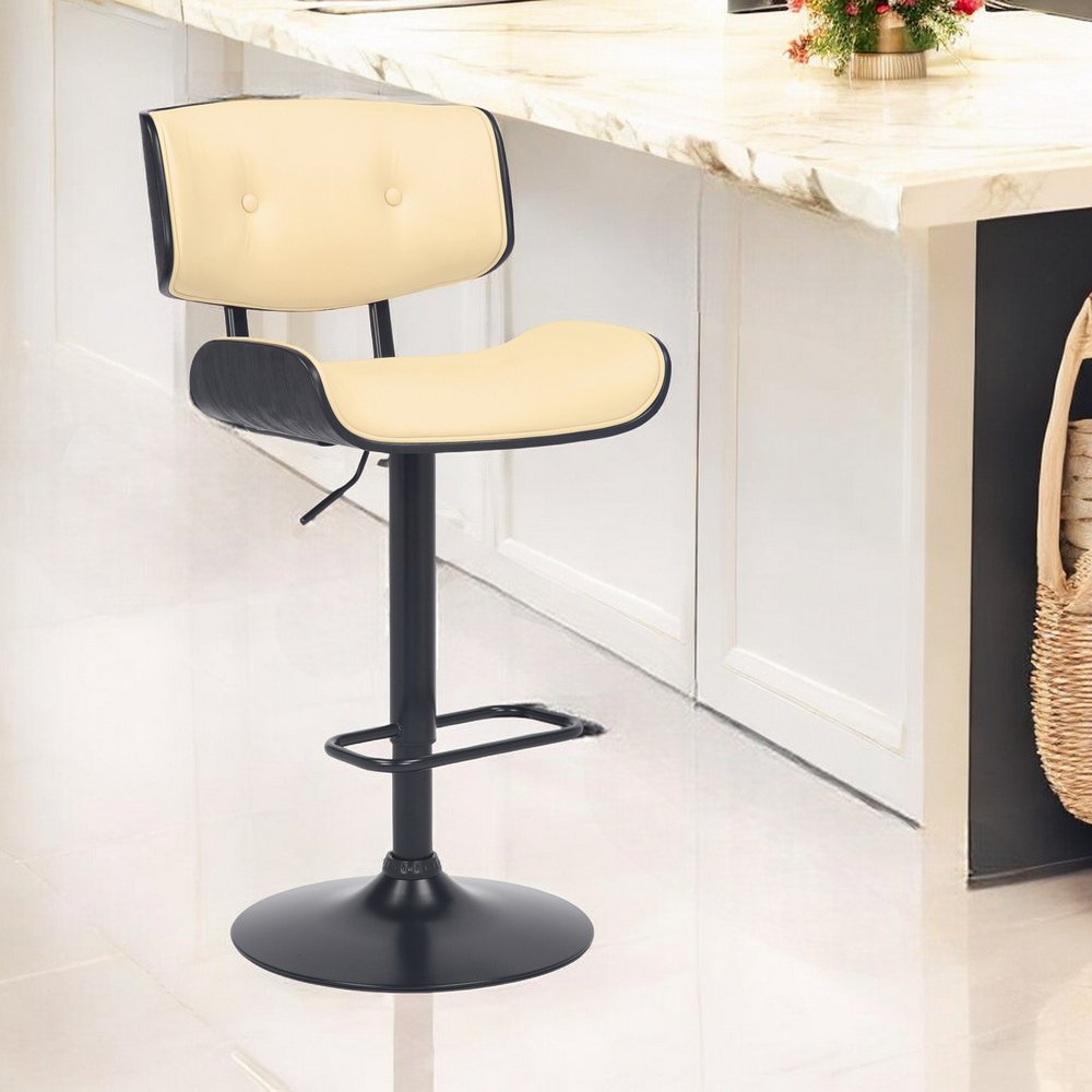 Cream And Black Fabric And Iron Adjustable Height Swivel Bar Chair