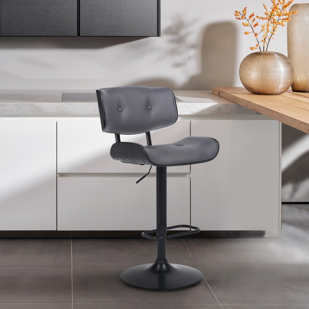 Gray and Black Iron and Faux Leather Adjustable Height Swivel Bar Chair