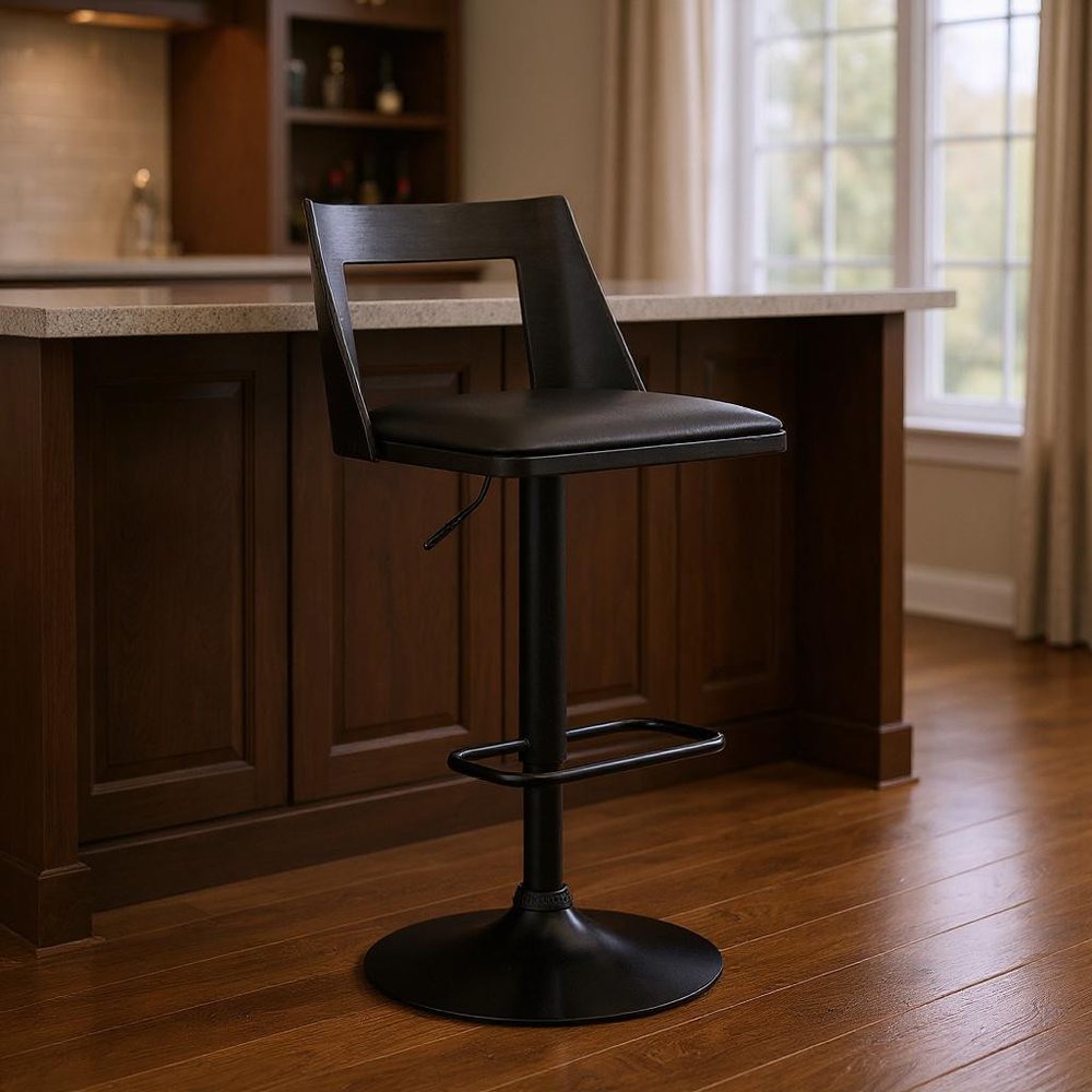 24" Black Faux Leather And Iron Swivel Adjustable Height Bar Chair
