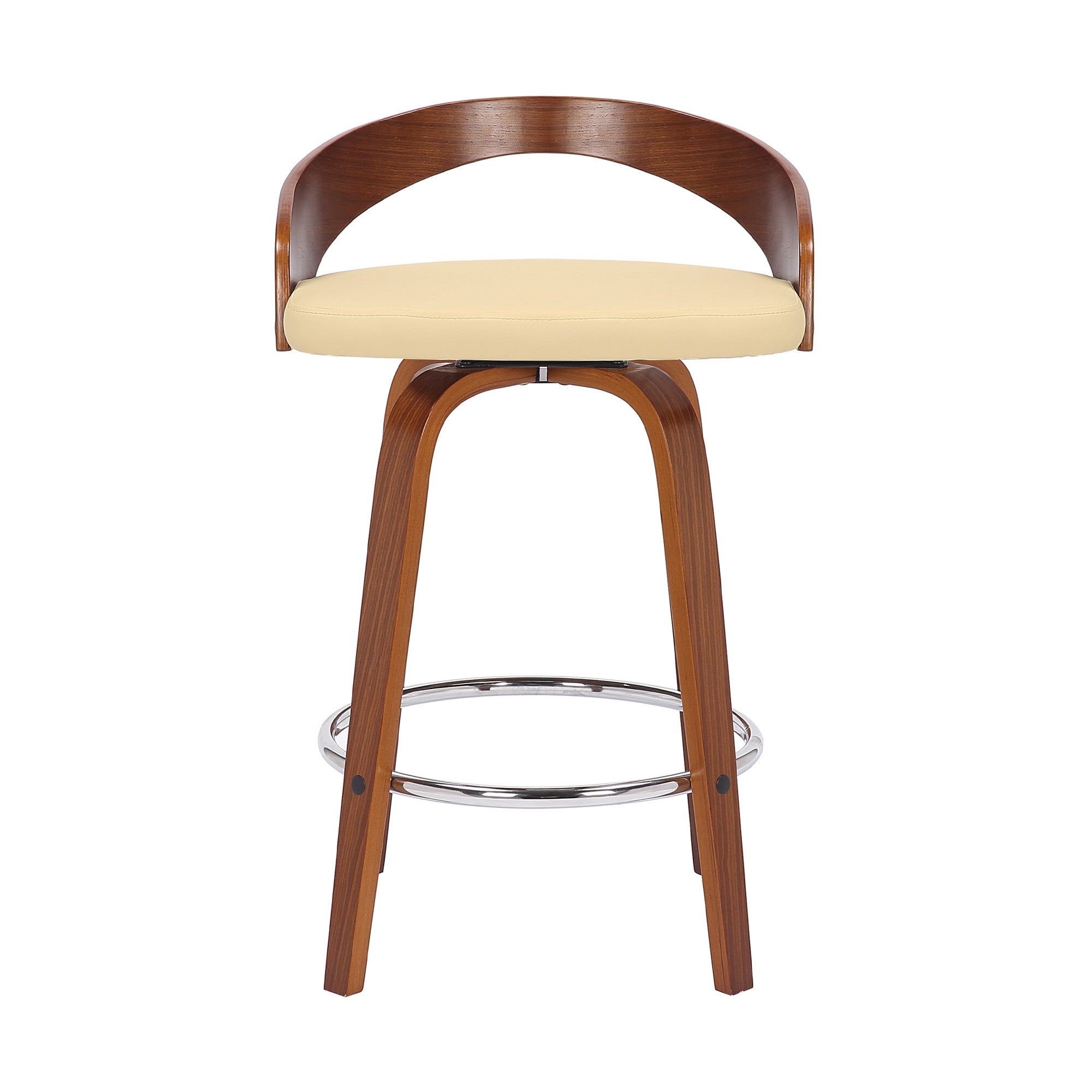 26" Cream And Brown Faux Leather And Fabric And Solid Wood Low Back Counter Height Swivel Bar Chair