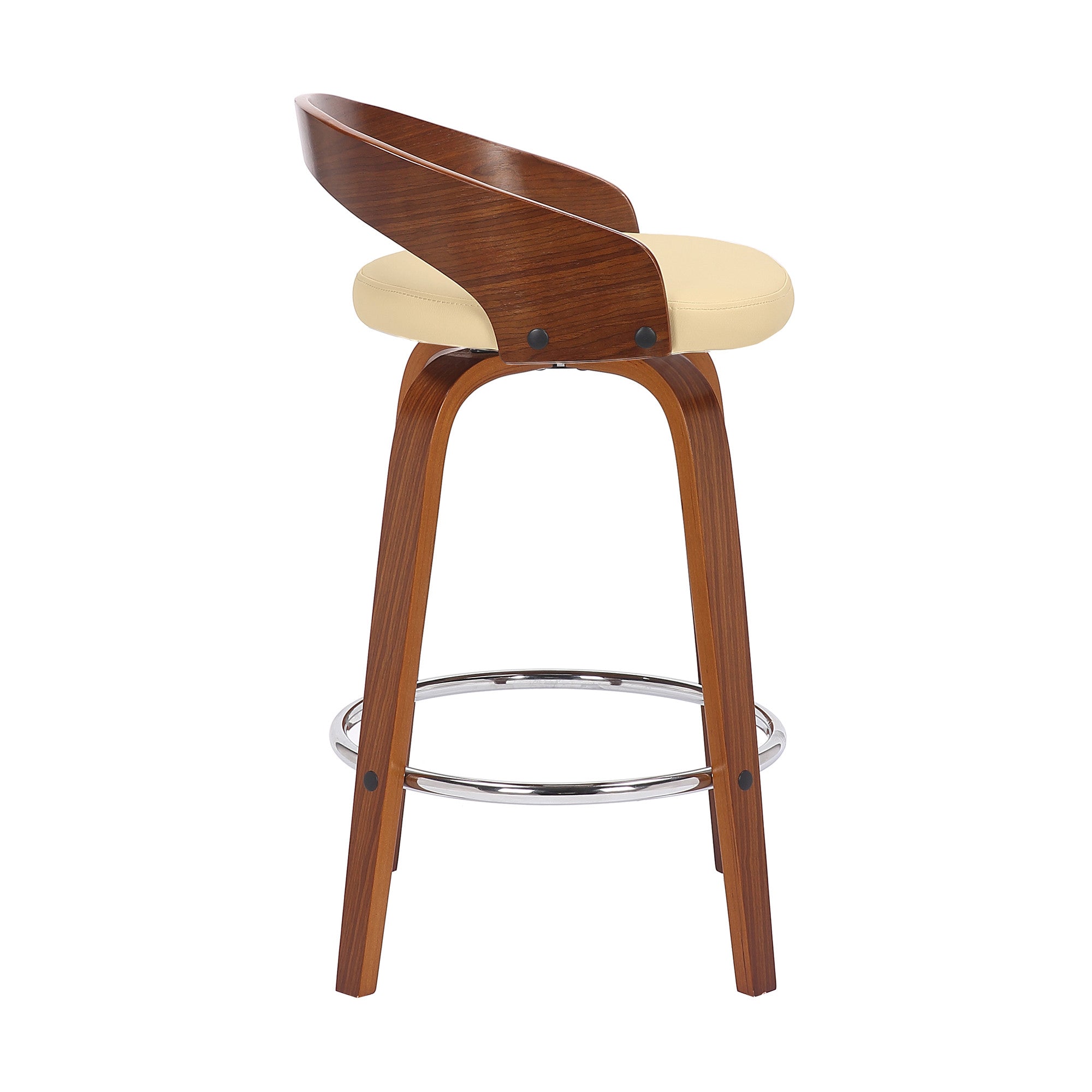 26" Cream And Brown Faux Leather And Fabric And Solid Wood Low Back Counter Height Swivel Bar Chair