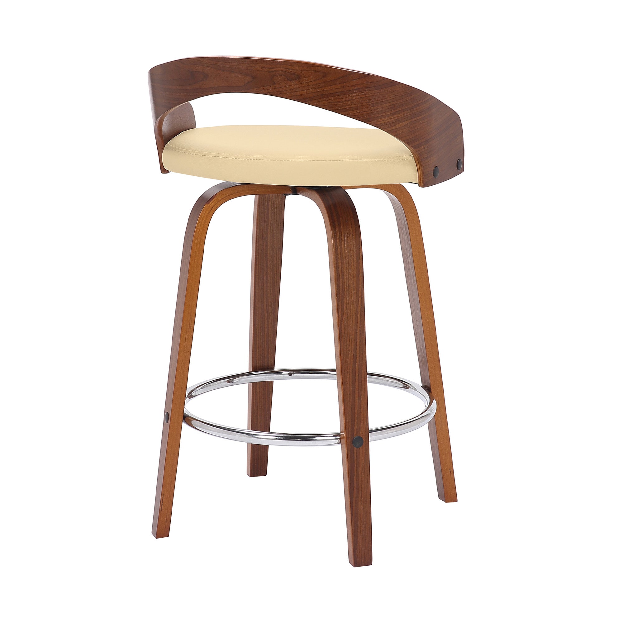 26" Cream And Brown Faux Leather And Fabric And Solid Wood Low Back Counter Height Swivel Bar Chair