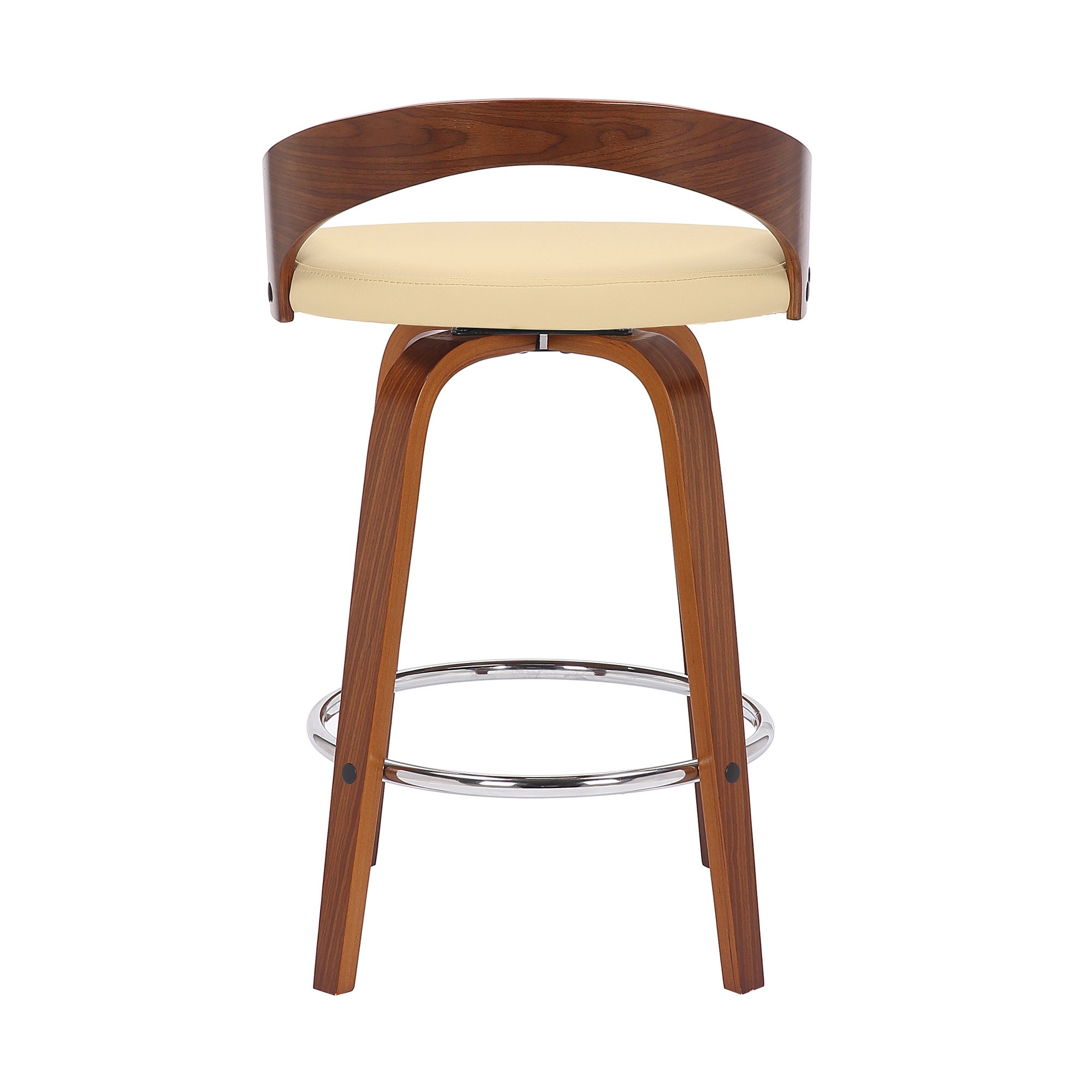 26" Cream And Brown Faux Leather And Fabric And Solid Wood Low Back Counter Height Swivel Bar Chair
