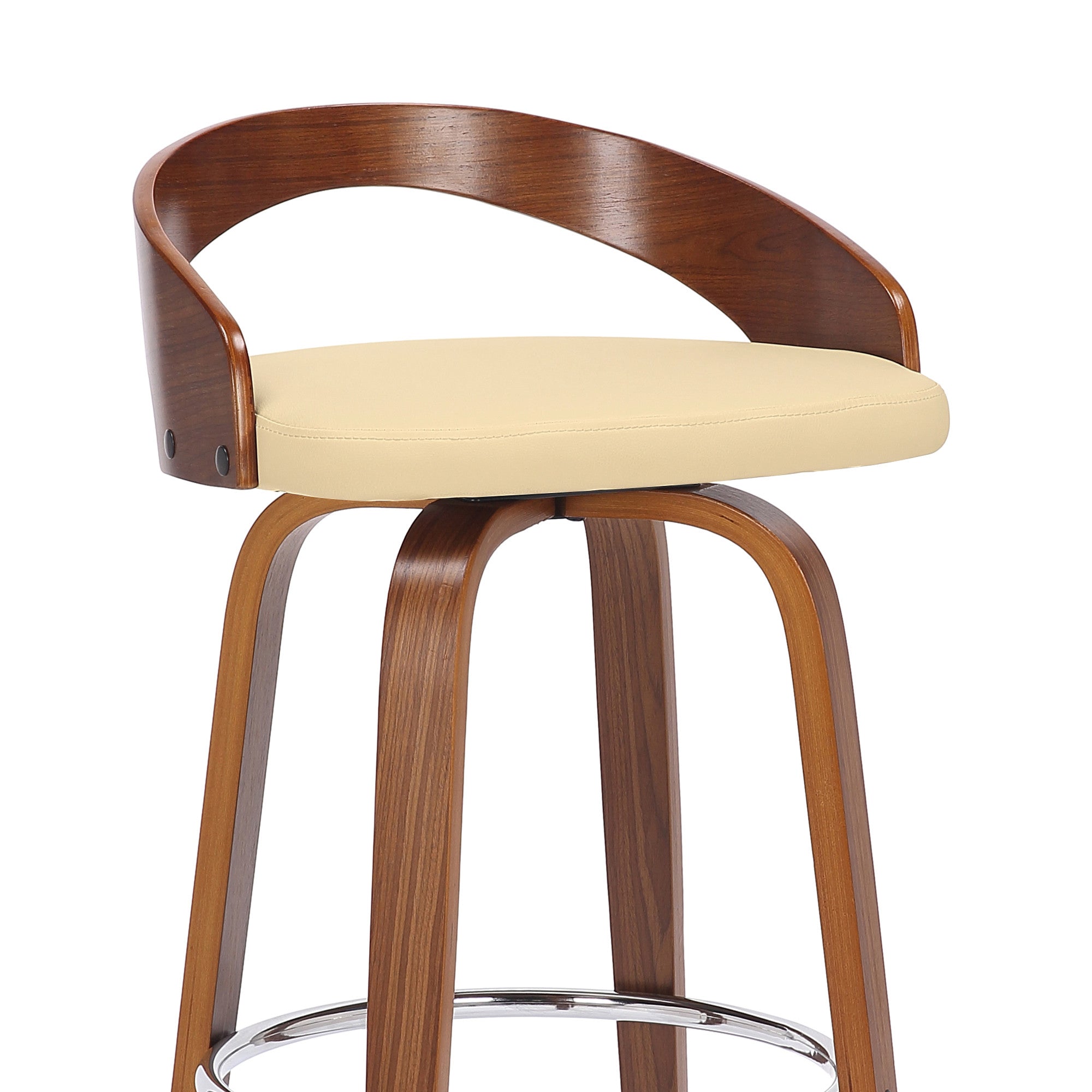 26" Cream And Brown Faux Leather And Fabric And Solid Wood Low Back Counter Height Swivel Bar Chair