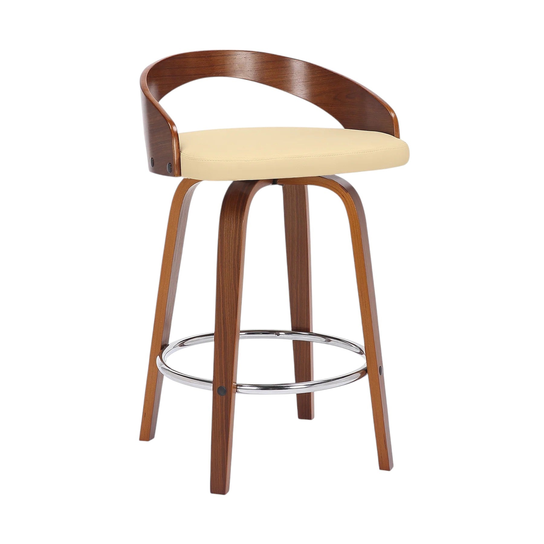 26" Cream And Brown Faux Leather And Fabric And Solid Wood Low Back Counter Height Swivel Bar Chair