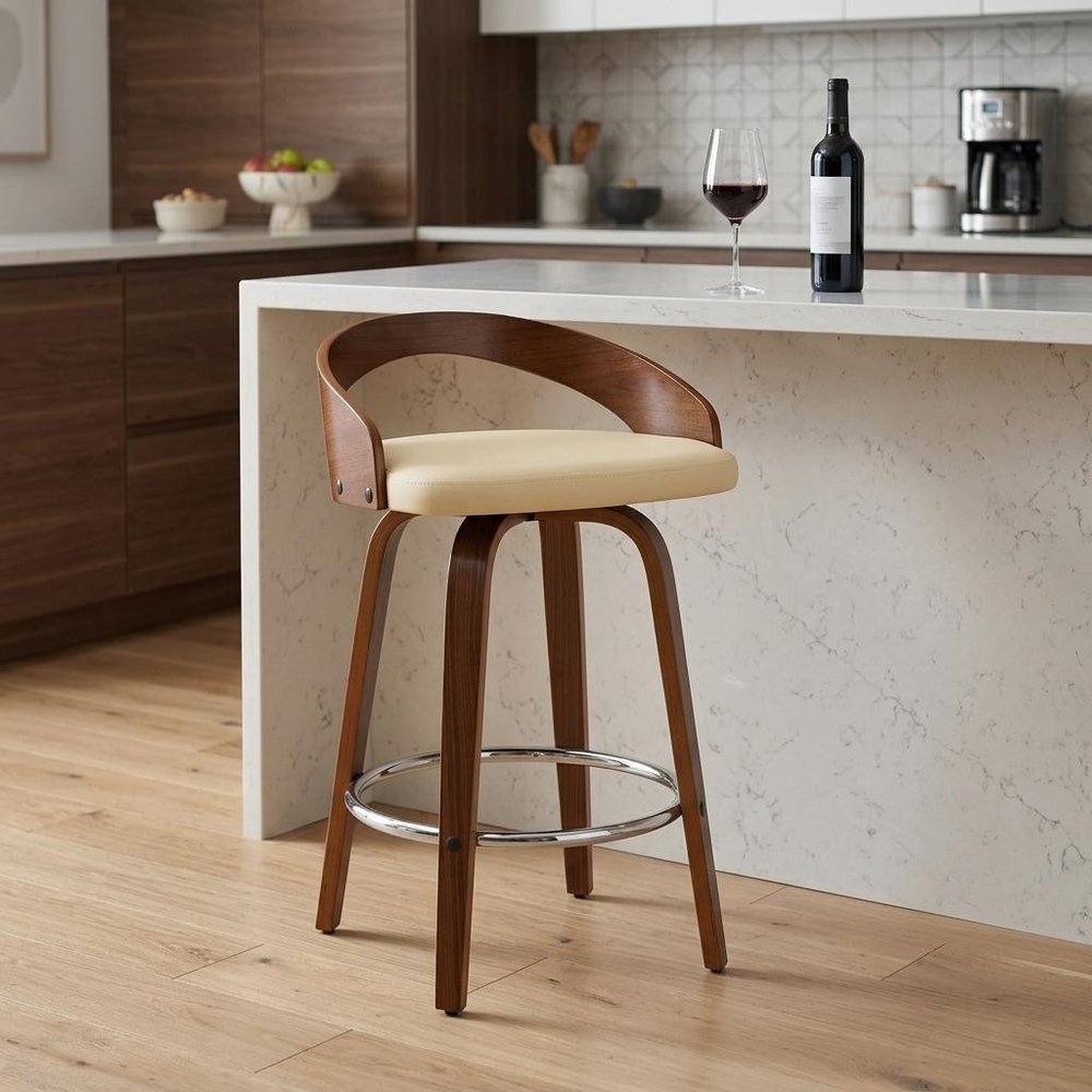 26" Cream and Brown Faux Leather and Solid Wood Low Back Counter Height Swivel Bar Chair