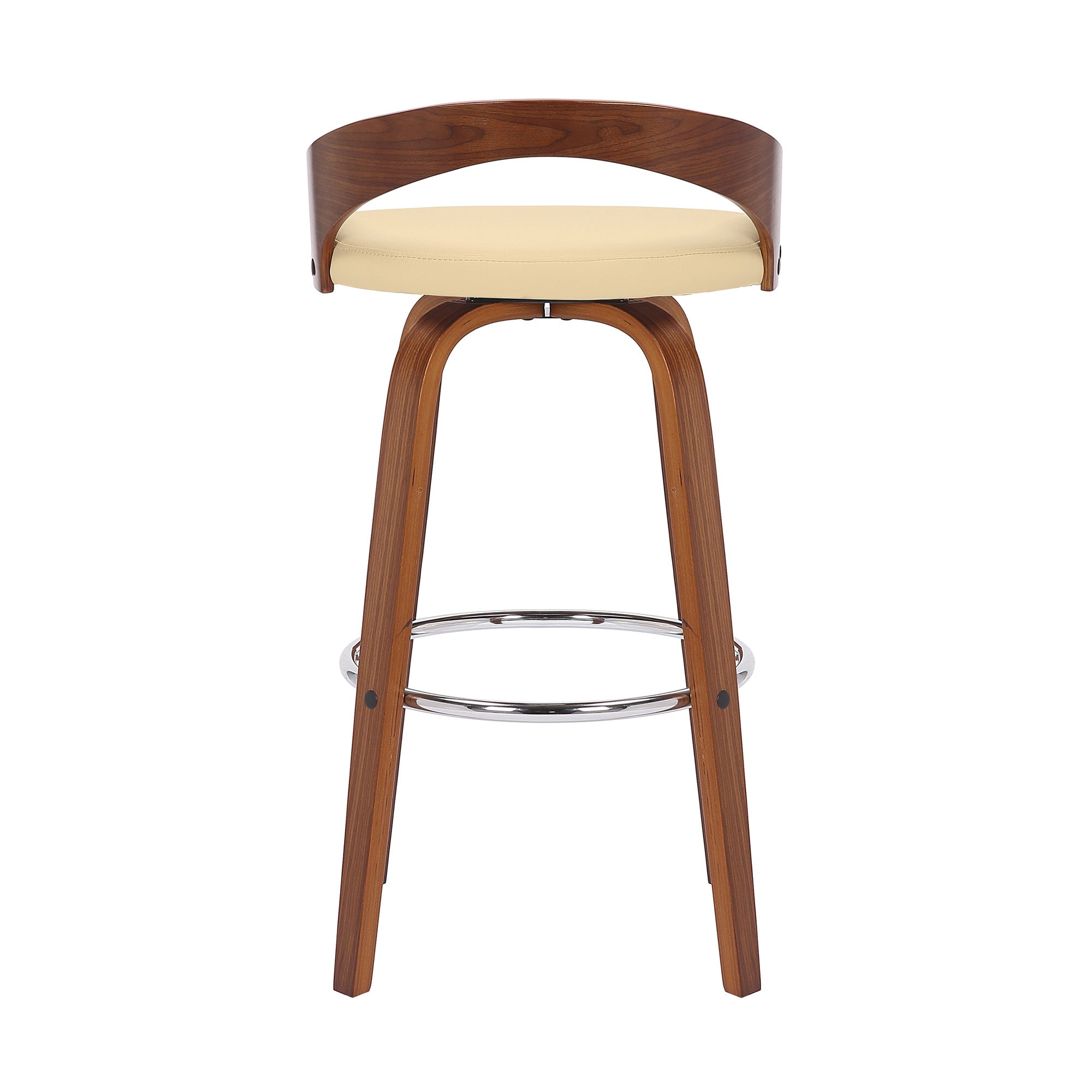 30" Cream And Brown Faux Leather And Fabric And Solid Wood Low Back Bar Height Swivel Bar Chair