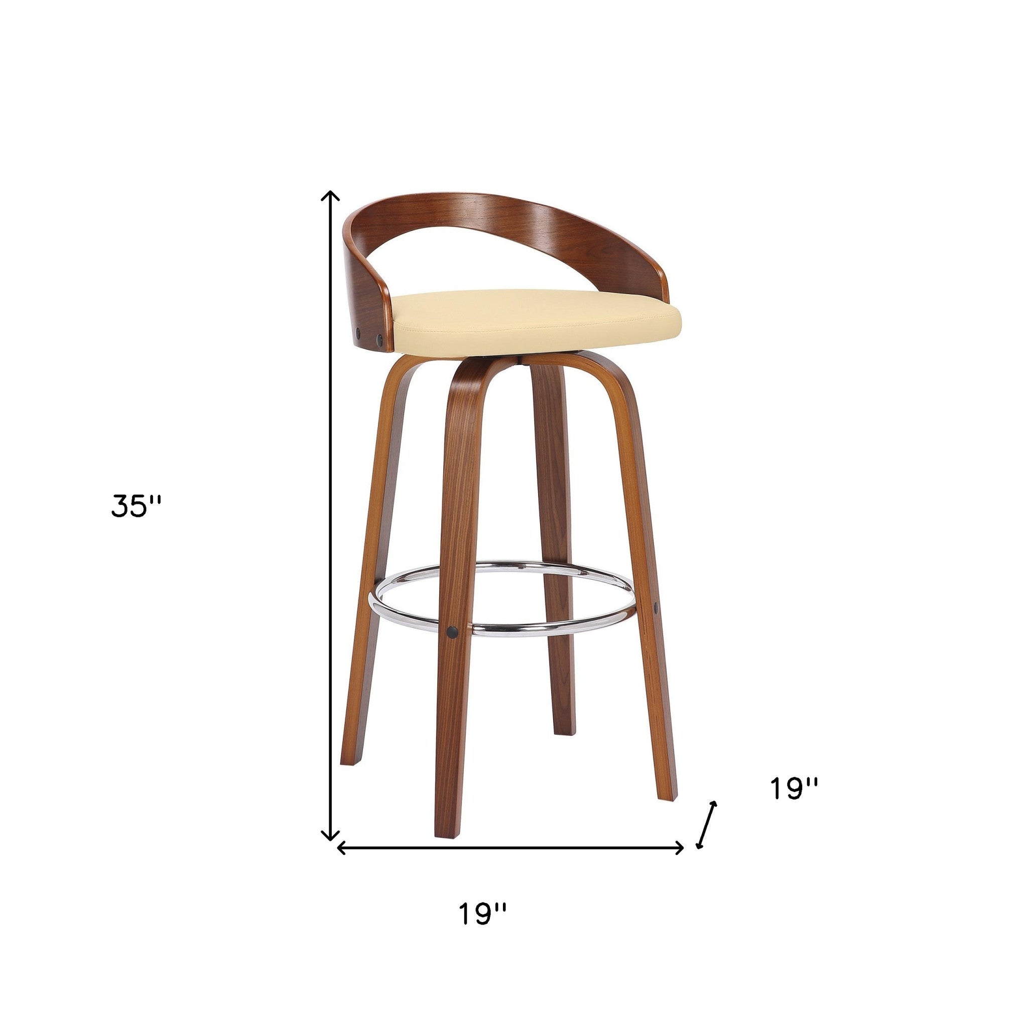 30" Cream And Brown Faux Leather And Fabric And Solid Wood Low Back Bar Height Swivel Bar Chair
