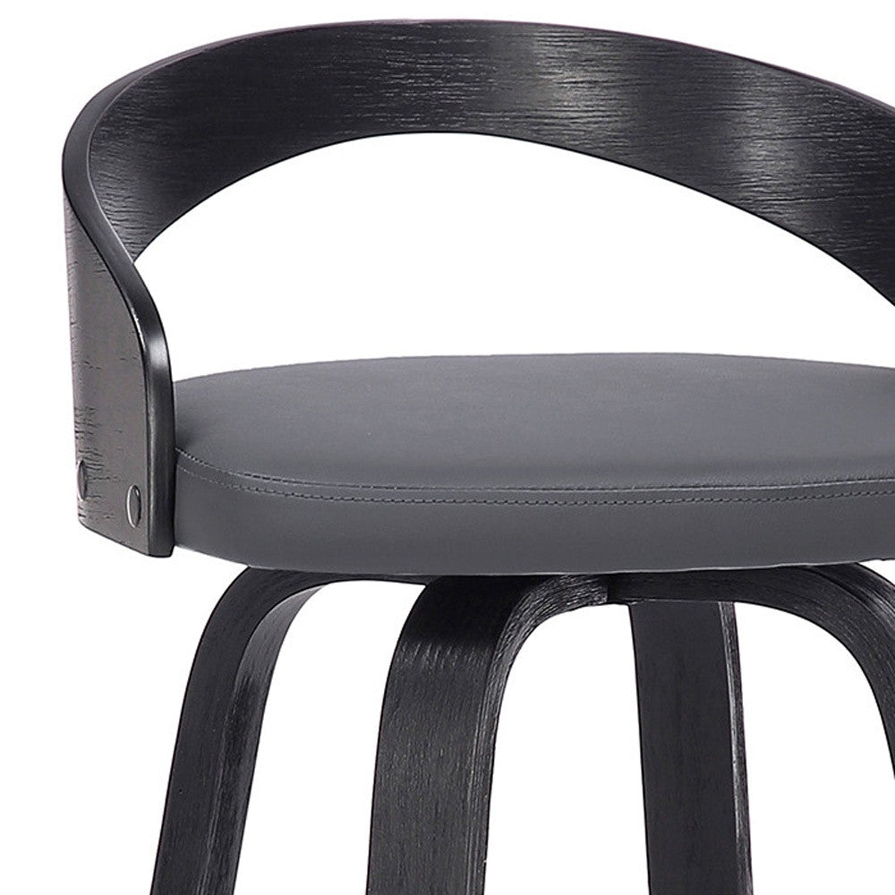 26" Gray And Black Faux Leather And Fabric And Iron Low Back Counter Height Swivel Bar Chair