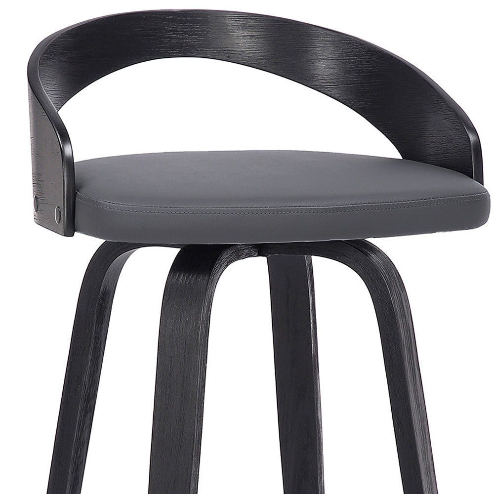 26" Gray And Black Faux Leather And Fabric And Iron Low Back Counter Height Swivel Bar Chair