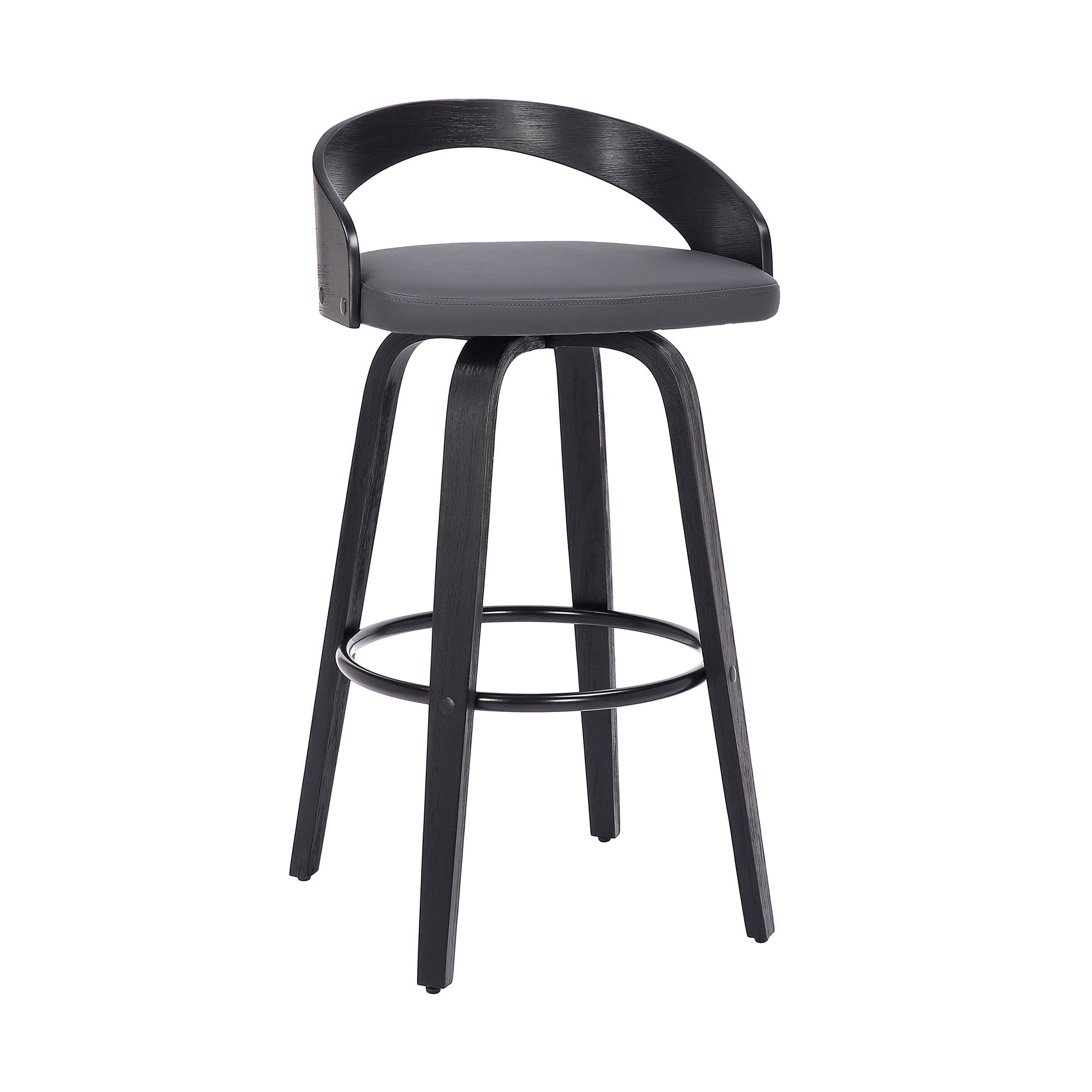 26" Gray And Black Faux Leather And Fabric And Iron Low Back Counter Height Swivel Bar Chair