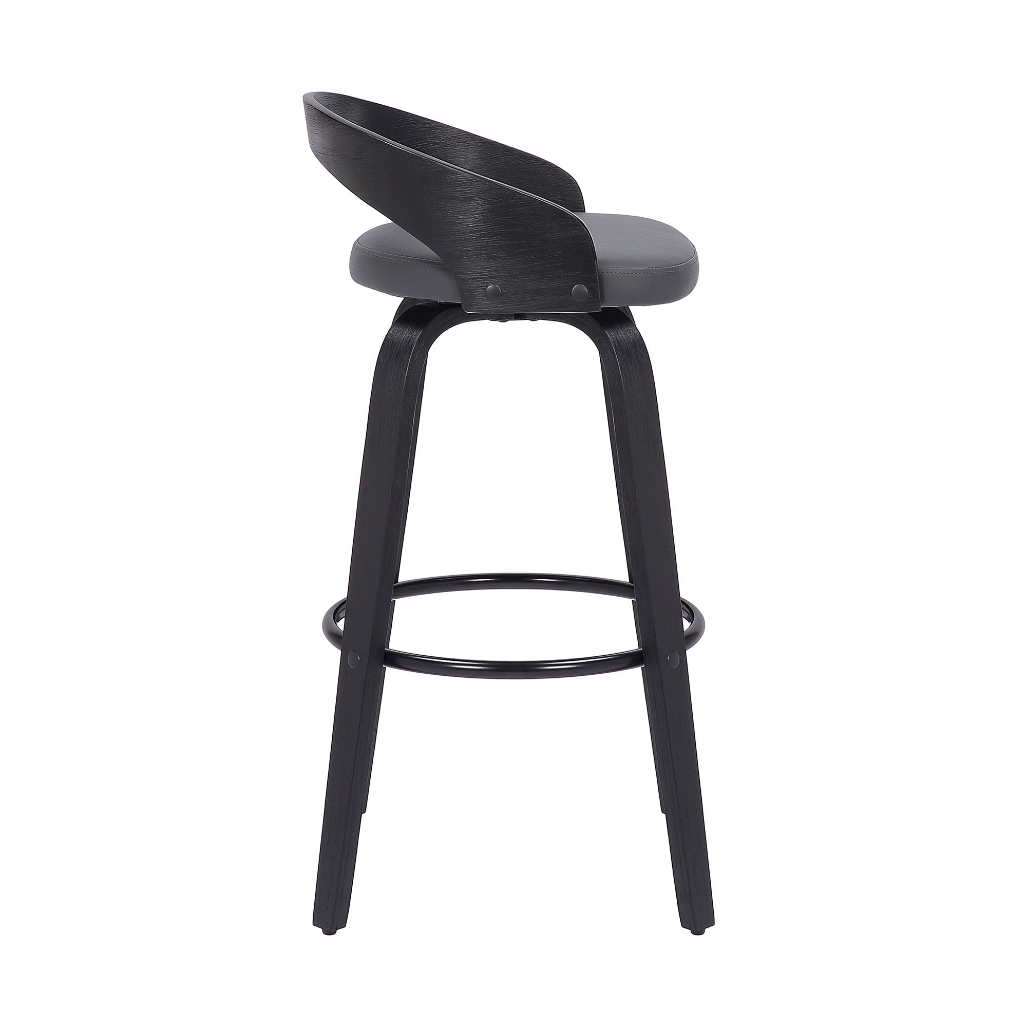 26" Gray And Black Faux Leather And Fabric And Iron Low Back Counter Height Swivel Bar Chair
