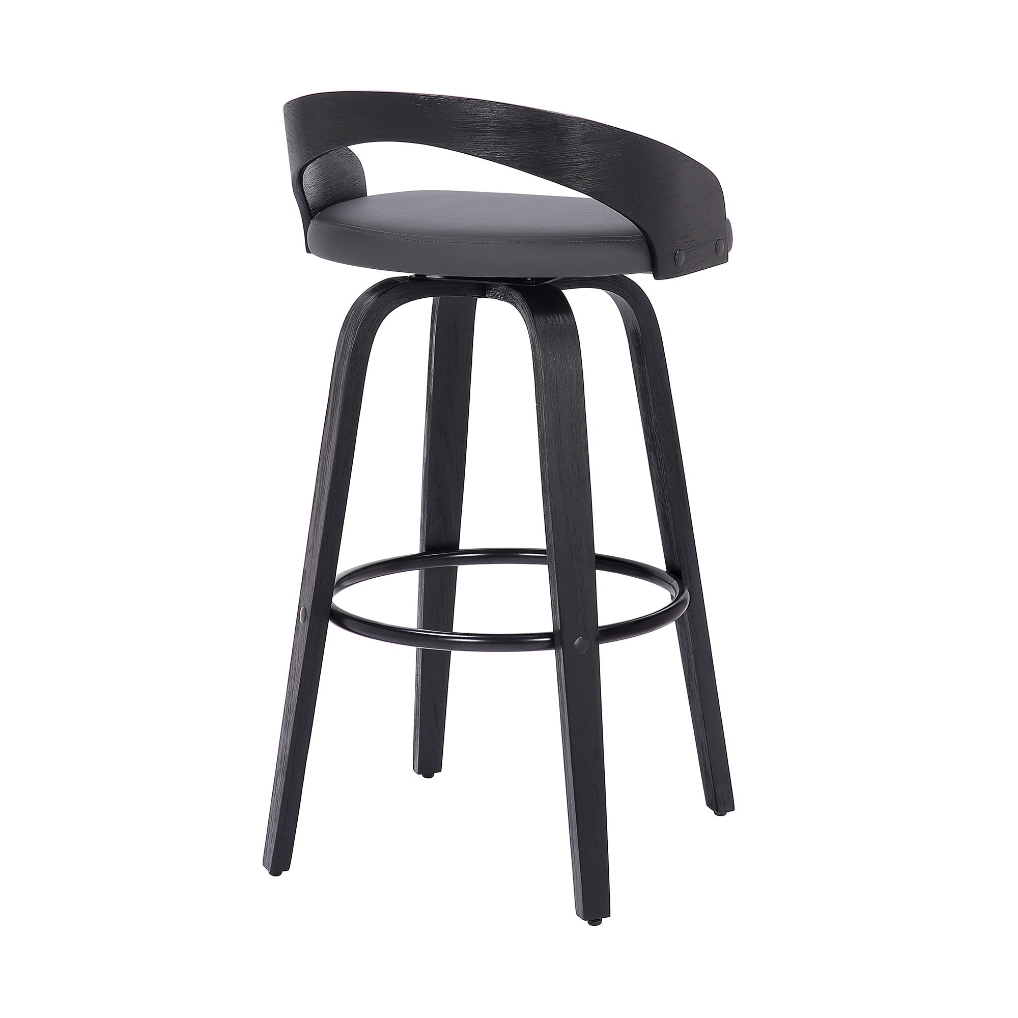 26" Gray And Black Faux Leather And Fabric And Iron Low Back Counter Height Swivel Bar Chair