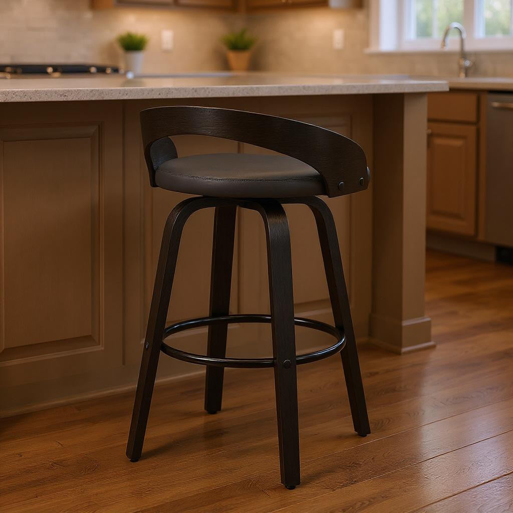 26" Gray And Black Faux Leather And Fabric And Iron Low Back Counter Height Swivel Bar Chair