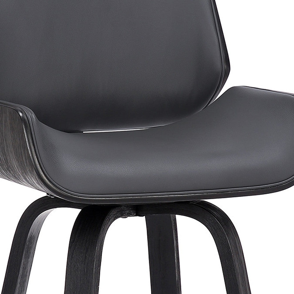 26" Gray And Black Faux Leather And Fabric And Iron Counter Height Swivel Bar Chair